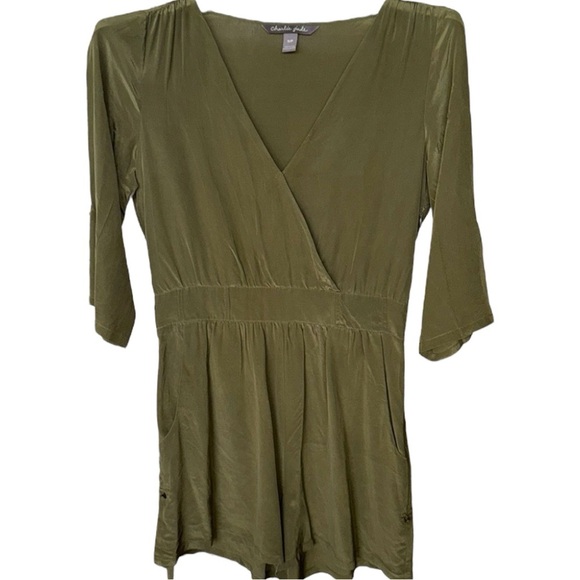 Charlie Jade Olive Green 100% Silk Romper Roll Up Sleeves & Hems Sz S - Picture 1 of 11